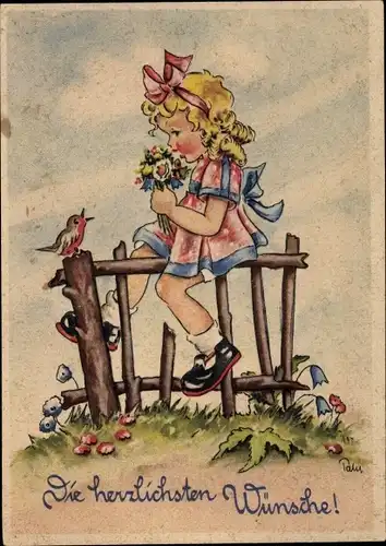 Künstler Ak Glückwunsch Einschulung, Mädchen mit Blumenstrauß auf einem Gartenzaun, Vogel