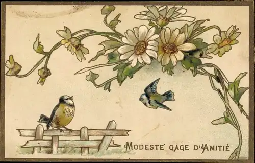 Litho Modeste Gage d'Amitie, Vögel, Blumen, Meisen