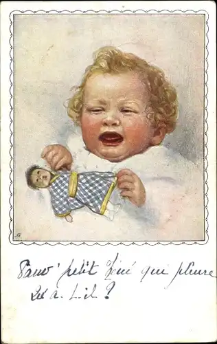 Künstler Ak Weinendes Kind mit Puppe