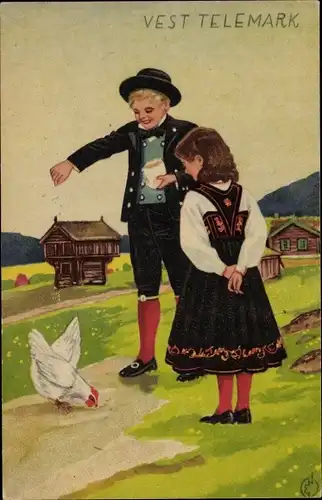 Künstler Ak Norwegen, Vest Telemark, Kinder in norwegischer Tracht