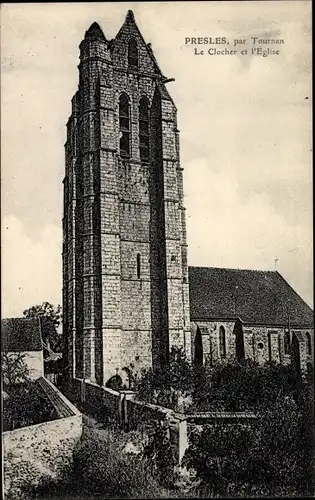 Ak Presles Seine et Marne, Le Clocher et l'Eglise