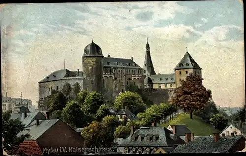 Ak Mylau im Vogtland Sachsen, Blick auf das Kaiserschloss und Häuserpartie