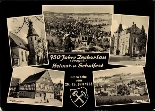 Ak Zschorlau Erzgebirge, Gesamtansicht, Rathaus, Schule, Kirche, Umgebindehaus