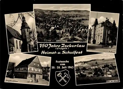 Ak Zschorlau Erzgebirge, Gesamtansicht, Rathaus, Schule, Kirche, Umgebindehaus