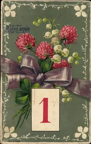 Präge Litho Glückwunsch Neujahr, Kalenderblatt, Kleeblätter, Maiglöckchen