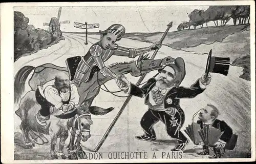 Künstler Ak Don Quichote à Paris, Präsident Emile Loubet, König Alfonso XIII. von Spanien, Karikatur