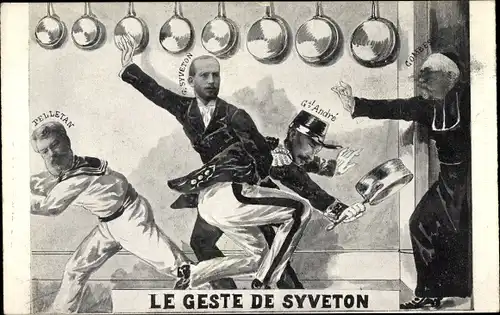 Künstler Ak Le Geste de Syveton, General André, Gabriel Syveton, Combes, Pelletan, Karikatur