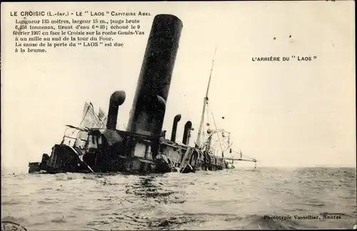 Ak Le Croisic Loire Atlantique, Le Laos, Capitaine Abel, untergehender Dampfer