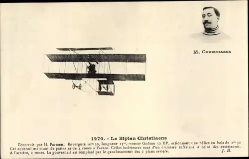 Ak Le Biplan Christiaens, H. Farman, Pilot, Doppeldecker