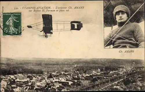 Ak Etampes Aviation, Aviateur Ch. Amans sur biplan H. Farman, Pilot, Doppeldecker