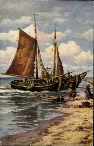 Künstler Ak Hoy, W., Fischerboote am Strand