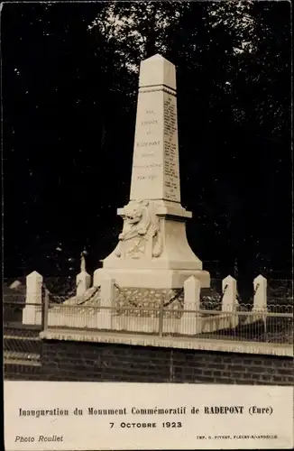 Ak Radepont Eure, Inauguration du Monument Commemoratif, 7 Octobre 1923