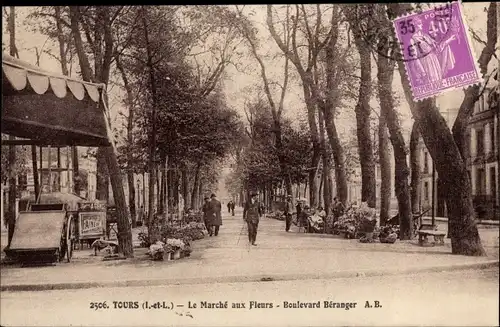 Ak Tours Indre-et-Loire, Le Marché aux Fleurs, Boulevard Bérangere