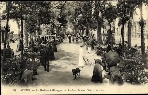Ak Tours Indre-et-Loire, Le Marché aux Fleurs, Le Boulevard Béranger
