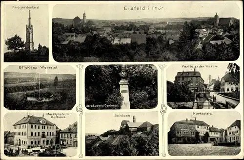 Ak Eisfeld in Thüringen, Kriegerdenkmal, Otto Ludwig Denkmal, Marktplatz, Schloss, Rathaus
