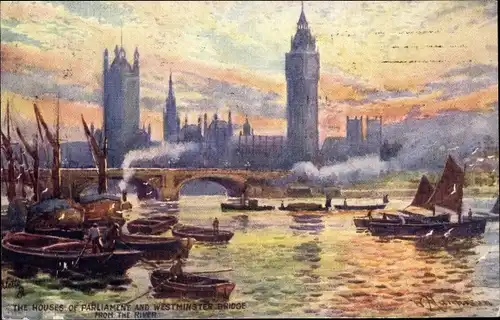 Künstler Ak Manhison, W., London City, Houses of Parliament and Westminster Bridge from the River