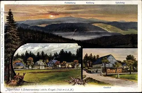 Künstler Ak Schwarzenberg im Erzgebirge Sachsen, Gasthof Jägerhaus, Fichtelberg, Keilberg, Spitzberg