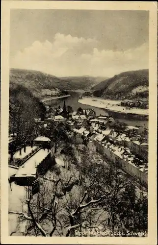 Ak Stadt Wehlen an der Elbe Sachsen, Teilansicht, Vogelschau, Winter