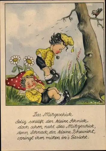 Künstler Ak Das Missgeschick, Zwerge Schnick und Schnack, Baum mit Gesicht