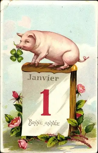 Litho Glückwunsch Neujahr, Schwein auf einem Kalender, Kleeblatt