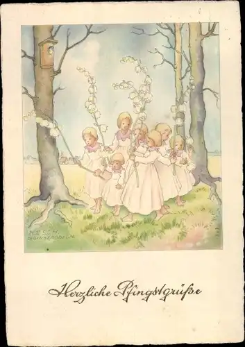 Künstler Ak Glückwunsch Pfingsten, Mädchen mit Convallaria, Blumen