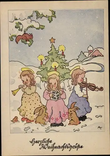 Künstler Ak Glückwunsch Weihnachten, Engelorchester und Weihnachtsbaum