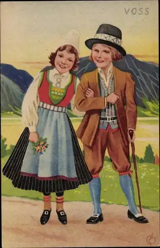 Künstler Ak Voss Norwegen, Kinder in norwegischer Tracht