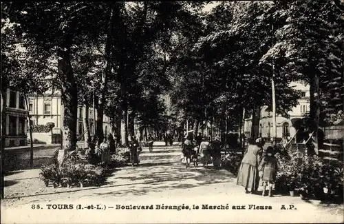 Ak Tours Indre-et-Loire, Boulevard Beranger, Le Marché aux Fleurs