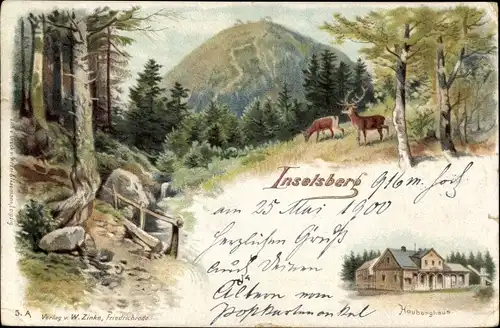 Litho Brotterode Trusetal in Thüringen, Inselsberg, Waldpartie, Hirsch, Heuberghaus