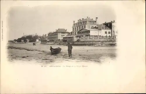 Ak Arcachon Gironde, La Plage et la Place Thiers