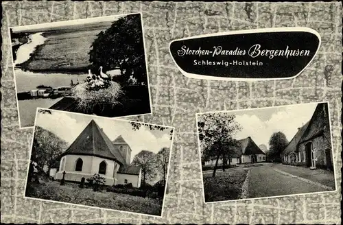 Ak Bergenhusen in Schleswig Holstein, Storchenparadies, Kirche, Straßenpartie