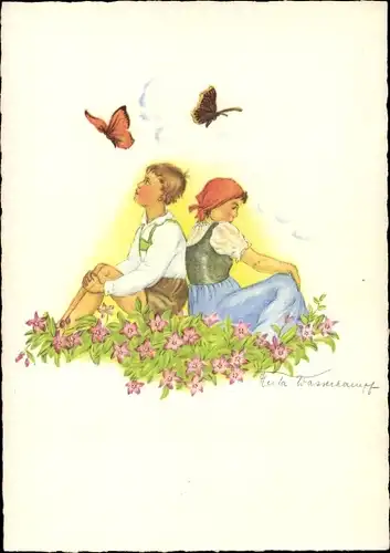 Künstler Ak Wasserkampf, H., Schüchterne junge Menschen und Schmetterlinge