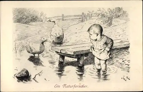 Künstler Ak Kaulbach, H., Ein Naturforscher, Kind im Wasser, Gänse