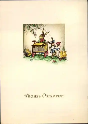 Ak Glückwunsch Ostern, Zwei Osterhasen mit Wagen und Osterküken