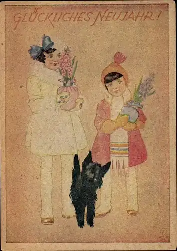 Ak Glückwunsch Neujahr, Frau und ihre Tochter mit Blumen, Schwarzer Hund