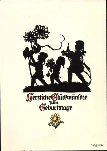 Scherenschnitt Künstler Ak Glückwunsch Geburtstag, Kinder mit Blumen und Torte