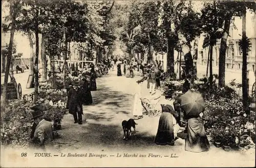 Ak Tours Indre-et-Loire, Le Marché aux Fleurs, Boulevard Beranger