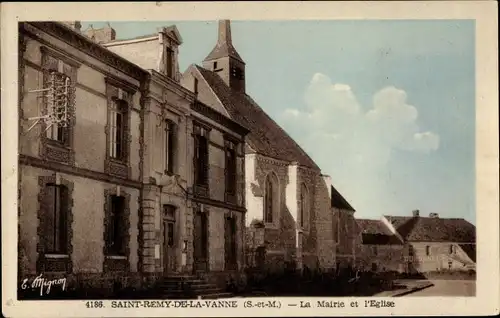 Ak Saint Remy la Vanne Seine-et-Marne, La Mairie et l'Eglise