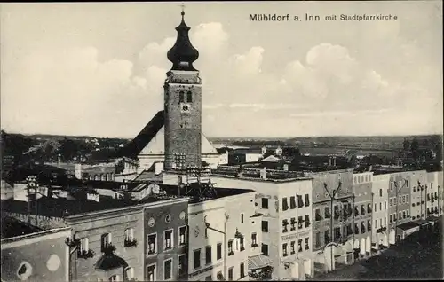 Ak Mühldorf am Inn Oberbayern, Blick zur Stadtpfarrkirche