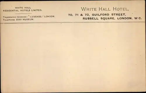 Ak London City England, White Hall Hotel, 70, 71, 72 Guilford Street, Russell Square