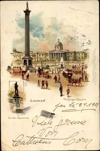 Litho London City England, Trafalgar Square, Gordon Memorial