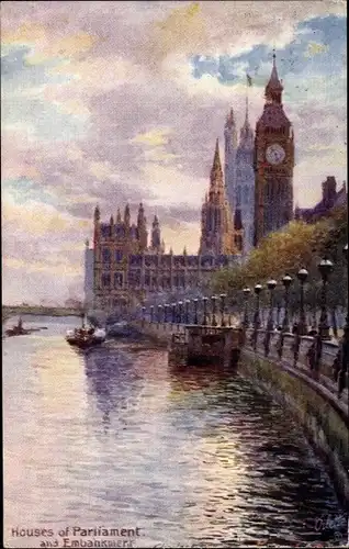 Künstler Ak Flower, C., London City England, Houses of Parliament and Embankment