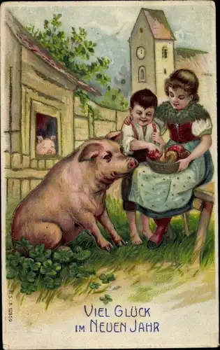 Präge Litho Glückwunsch Neujahr, Mutter mit Kind, Schwein, Kleeblätter
