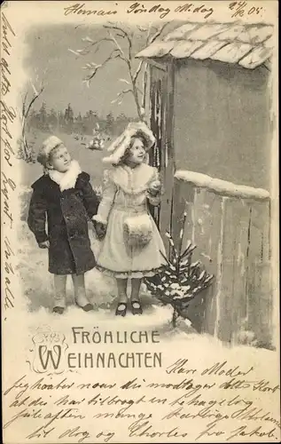 Ak Glückwunsch Weihnachten, Junge und Mädchen mit Tannenbaum