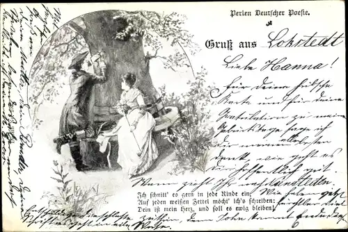 Künstler Ak Perlen Deutscher Poesie, Mann schneidet Herz in Baum, Frau
