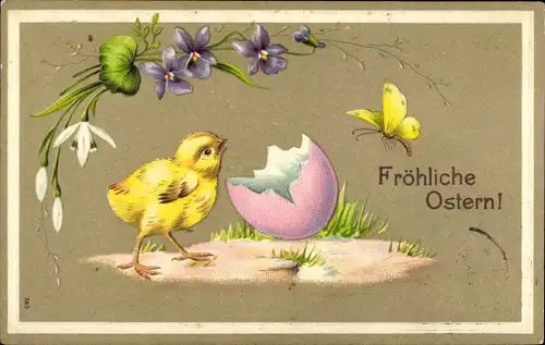 Präge Litho Glückwunsch Ostern, Küken, Eierschale, Schmetterling, Schneeglöckchen, Veilchen