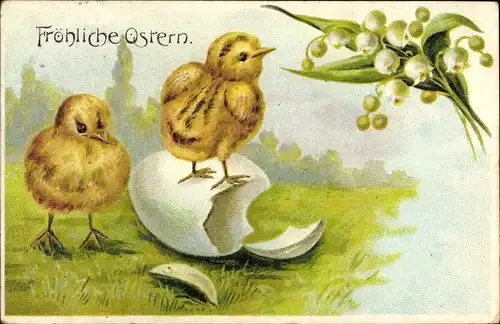 Präge Litho Glückwunsch Ostern, Zwei Küken, Ei, Maiglöckchen