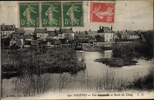 Ak Souppes Seine et Marne, Vue d'ensemble et Bords du Loing