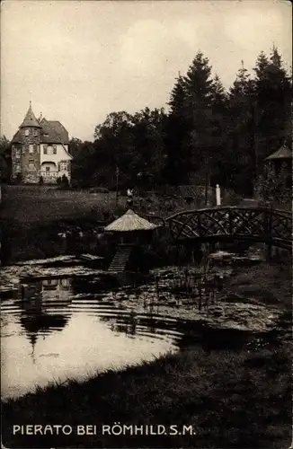 Ak Römhild in Thüringen, Villa Pierato Mavrogordato, Haus, Gartenpartie, Brücke