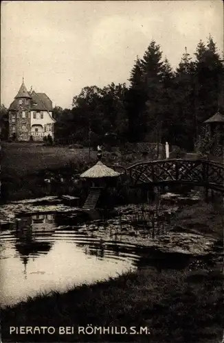 Ak Römhild in Thüringen, Villa Pierato Mavrogordato, Haus, Gartenpartie, Brücke